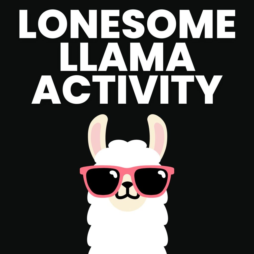 lonesome llama activity with drawing of llama wearing sunglasses. 