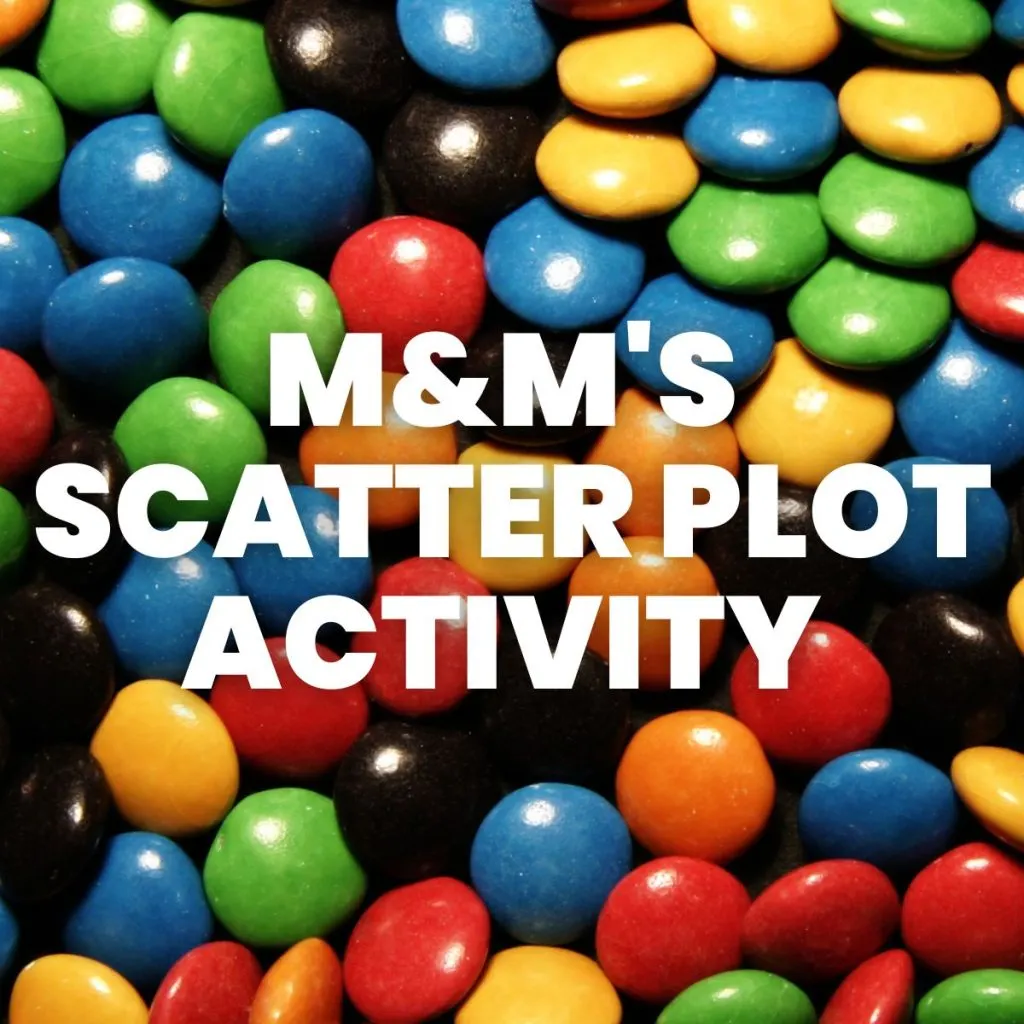 photograph of colorful m&m's with text "M&M's Scatter Plot Activity" 
