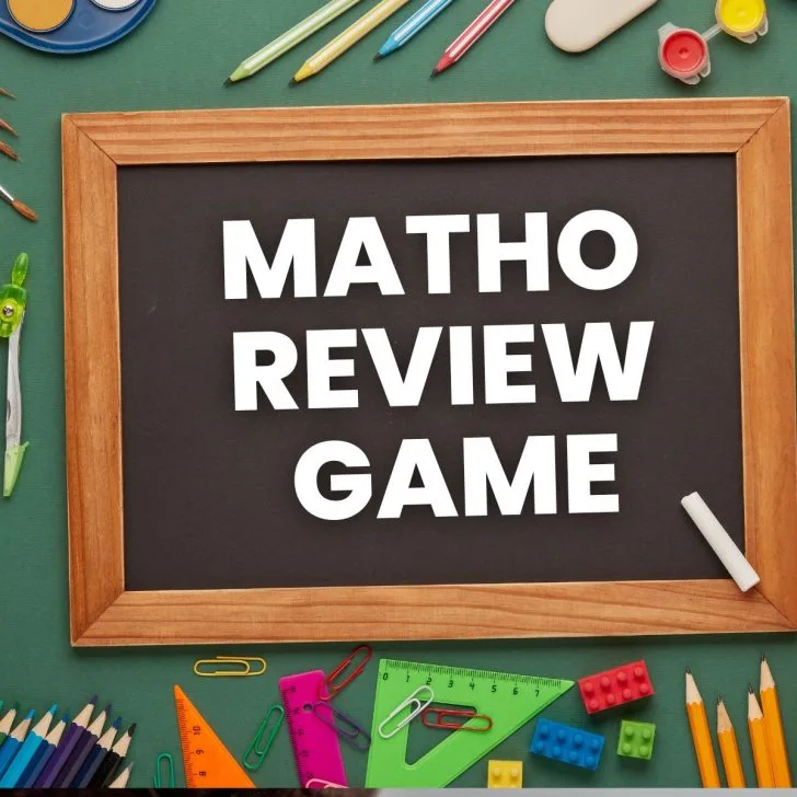 photograph of chalkboard with text "matho review game" 