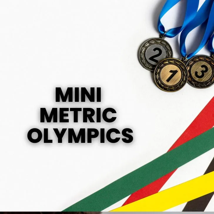 colored award medals with text "mini metric olympics" 