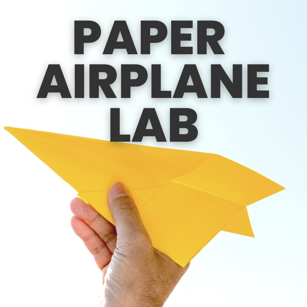 hand holding yellow paper airplane with text "paper airplane lab" 