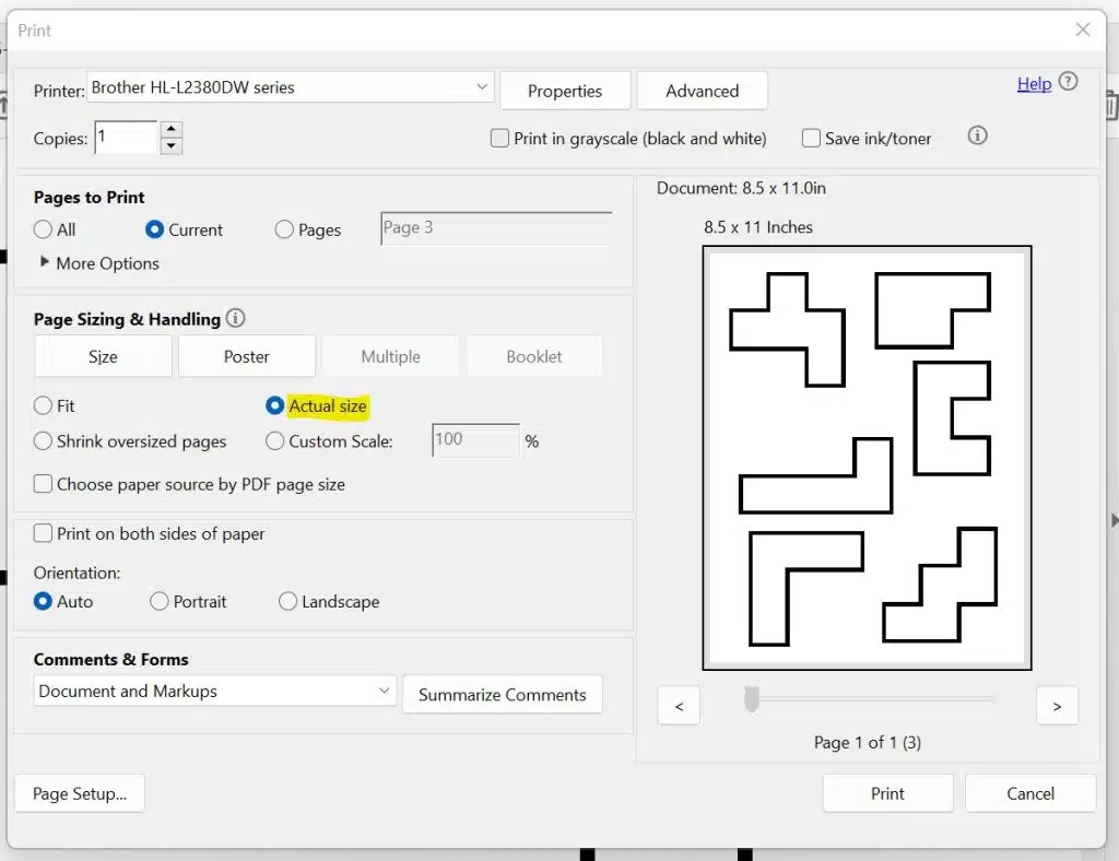 screenshot of print dialog with "actual size" checked. 