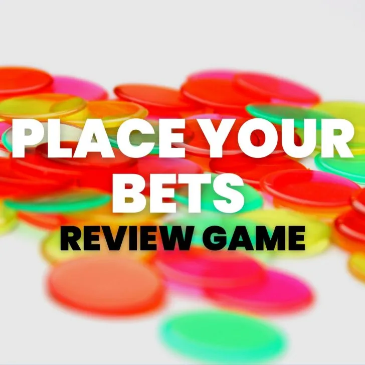 colorful bingo chips with text "place your bets review game" 