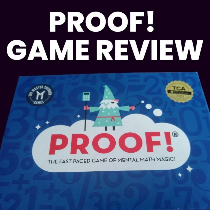 box of proof math game with text "proof! game review" 