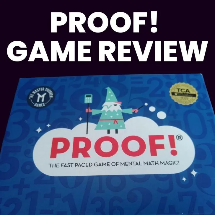 box of proof math game with text "proof! game review" 
