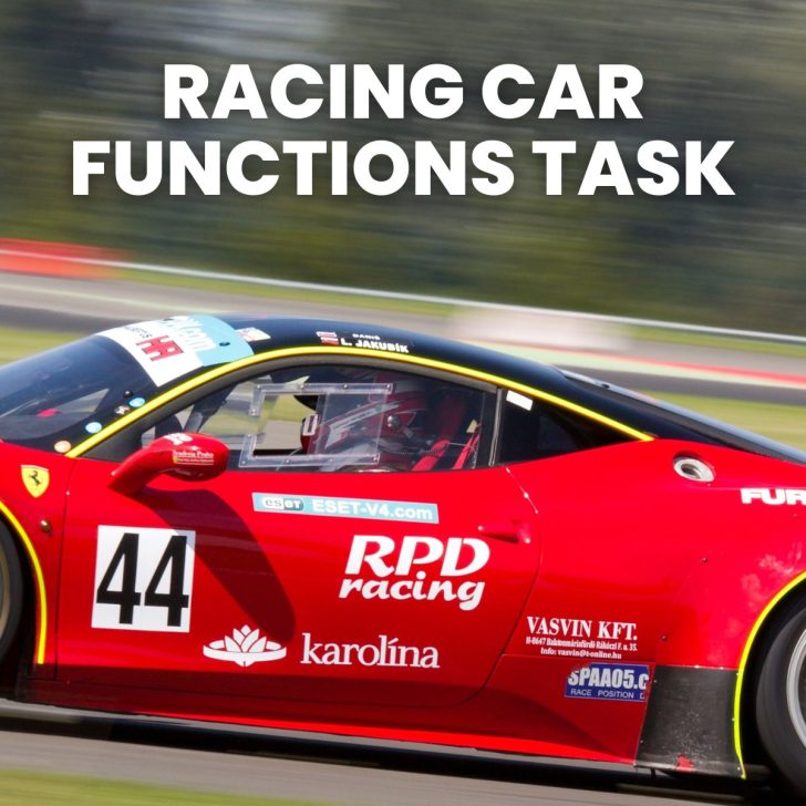photograph of racecar with text of "racing car functions task" 