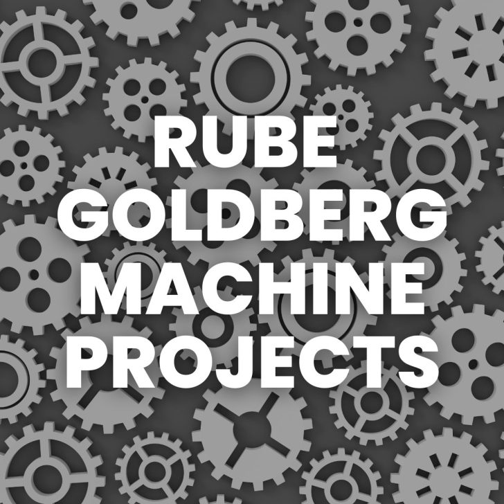 background of gears with text "rube goldberg machine projects" 