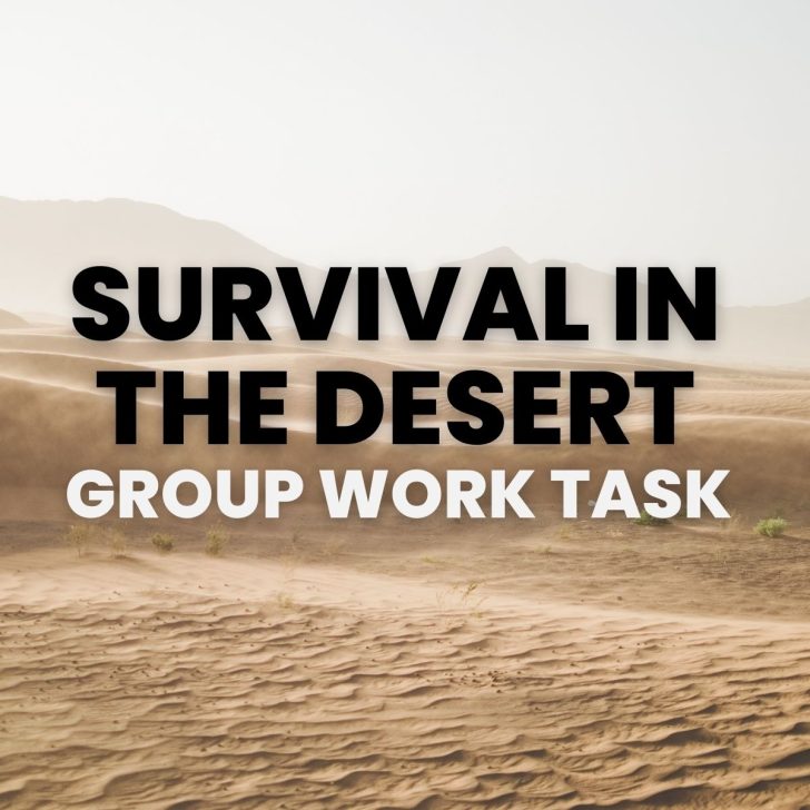 photograph of desert with text "survival in the desert group work task" 