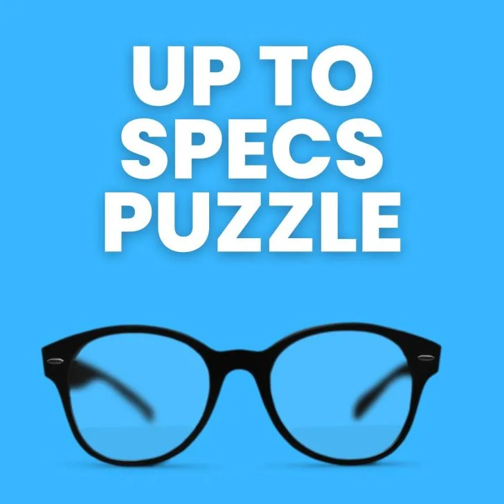 photo of eyeglasses with text "up to specs puzzle" 