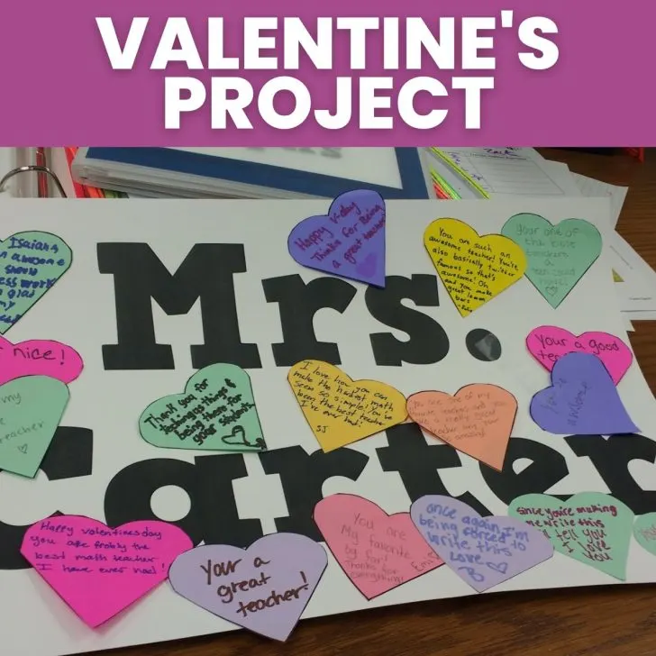 valentine's project poster with mrs.carter name and colrful hearts glued to it. 