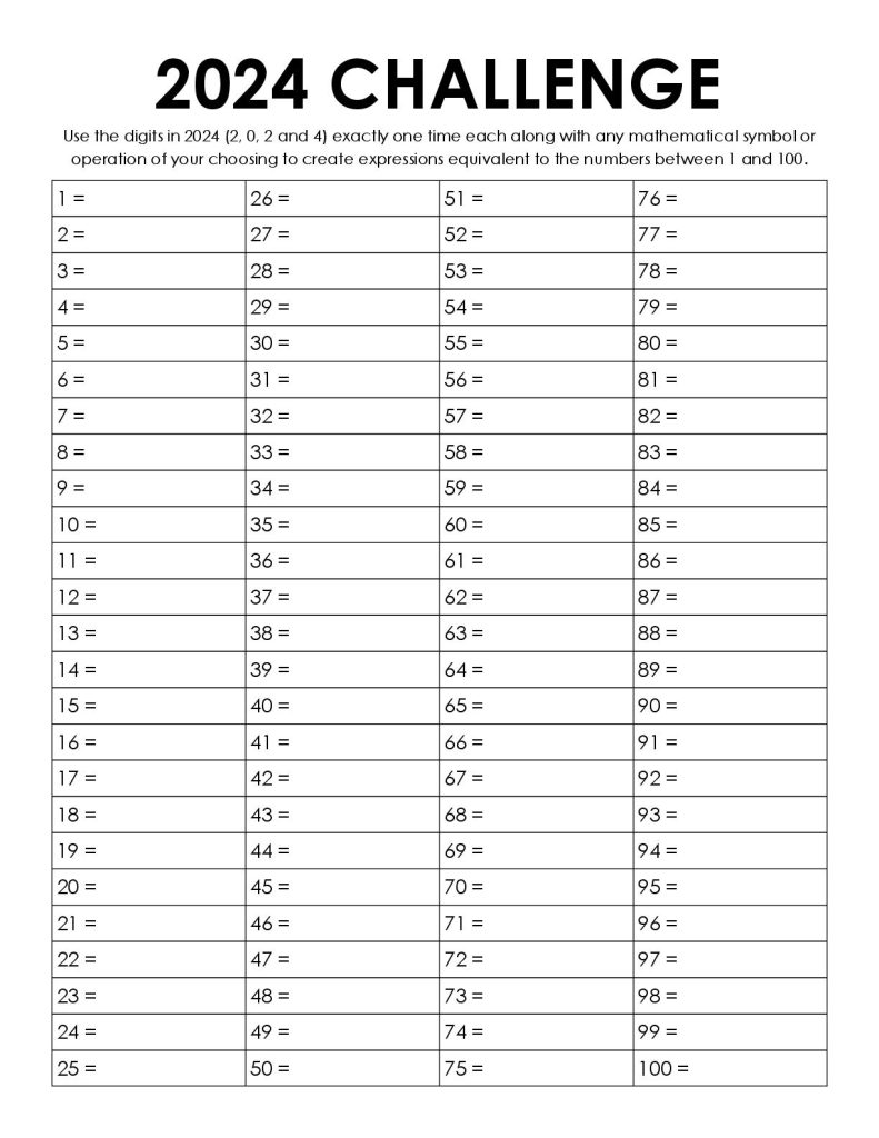 2024 yearly number challenge from 1 to 100