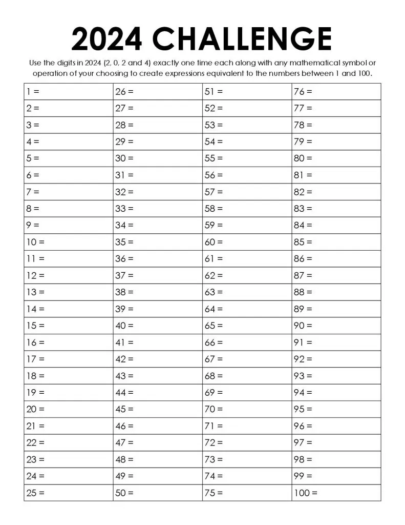 2024 yearly number challenge from 1 to 100