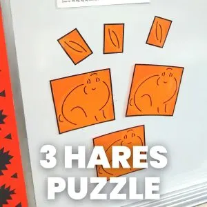 3 hares puzzle hanging on dry erase board in math classroom 