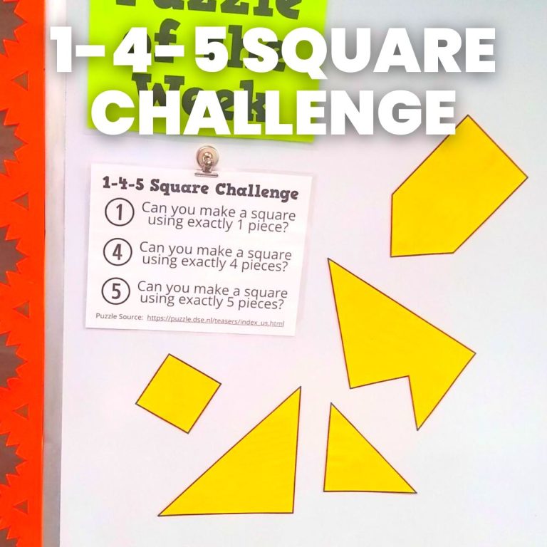 1-4-5 square challenge hanging on dry erase board