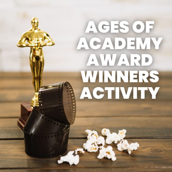 photograph of oscar statue with text "ages of academy award winners activity" 