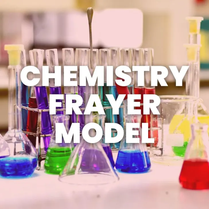 photograph of colorful chemistry flasks with text "chemistry frayer model" 