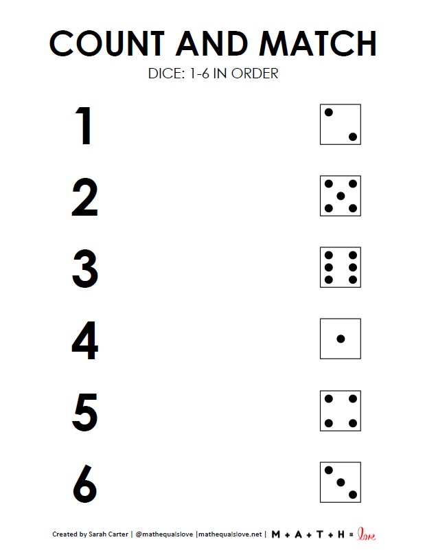 Free Count and Match Worksheets 1-6 with Dice