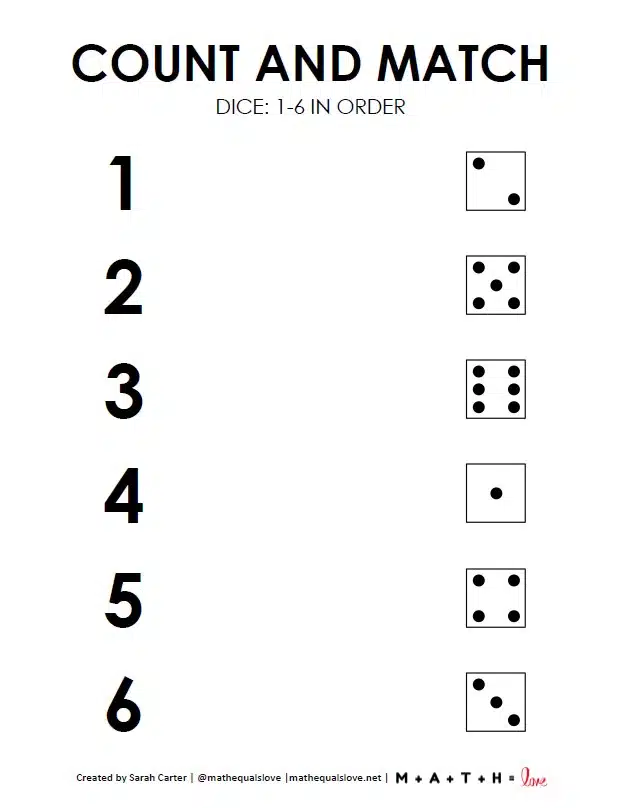 Free Count and Match Worksheets 1-6 with Dice