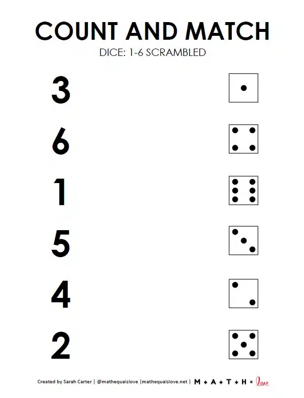 Count and Match Worksheets 1-6 with Dice | Math = Love