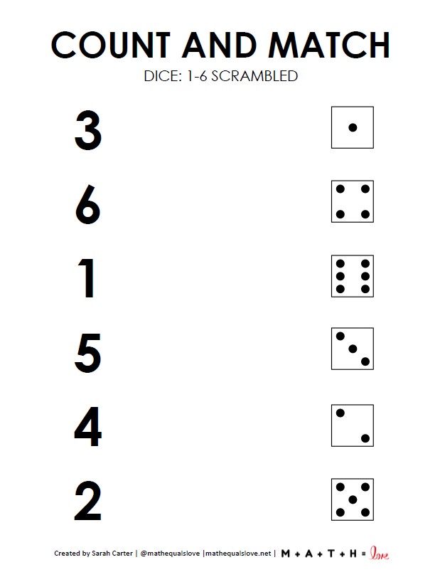 Count And Match Worksheets 1 6 With Dice Math Love