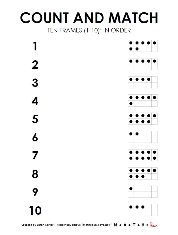count and match ten frames worksheets 1-10