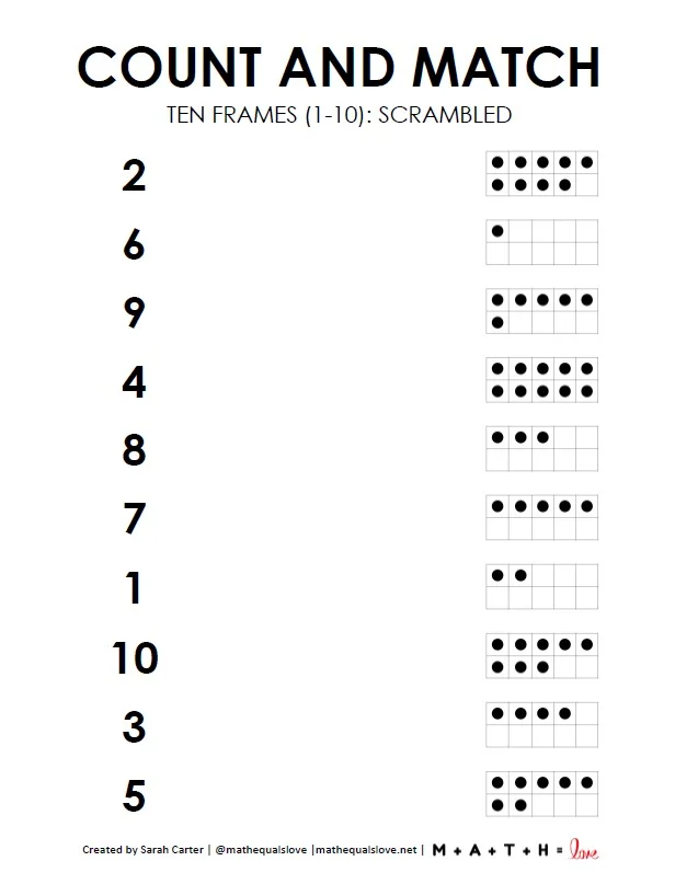 count and match ten frames worksheets 1-10