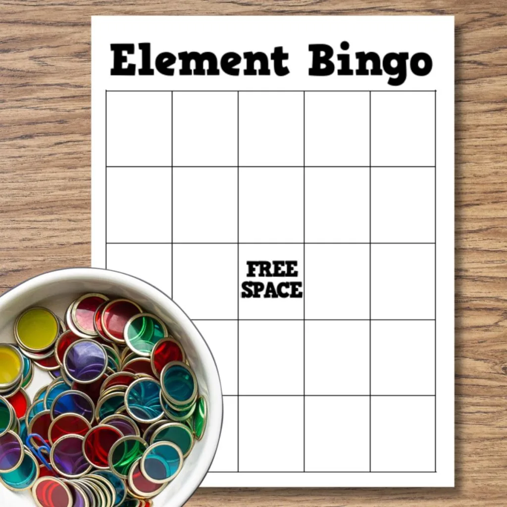 element bingo card with bowl of bingo chips 