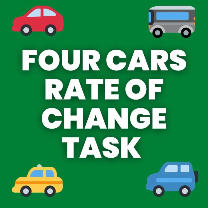 drawings of four cars with text "four cars rate of change task" 