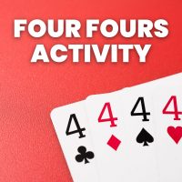 four playing cards showing four fours with text 