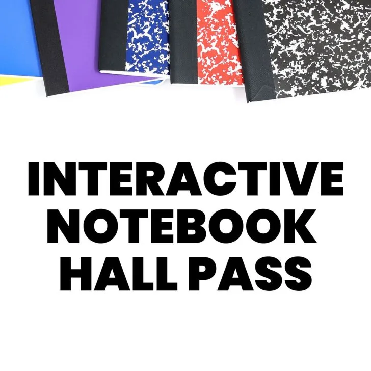 view of part of a stack of composition notebooks with text "interactive notebook hall pass" 