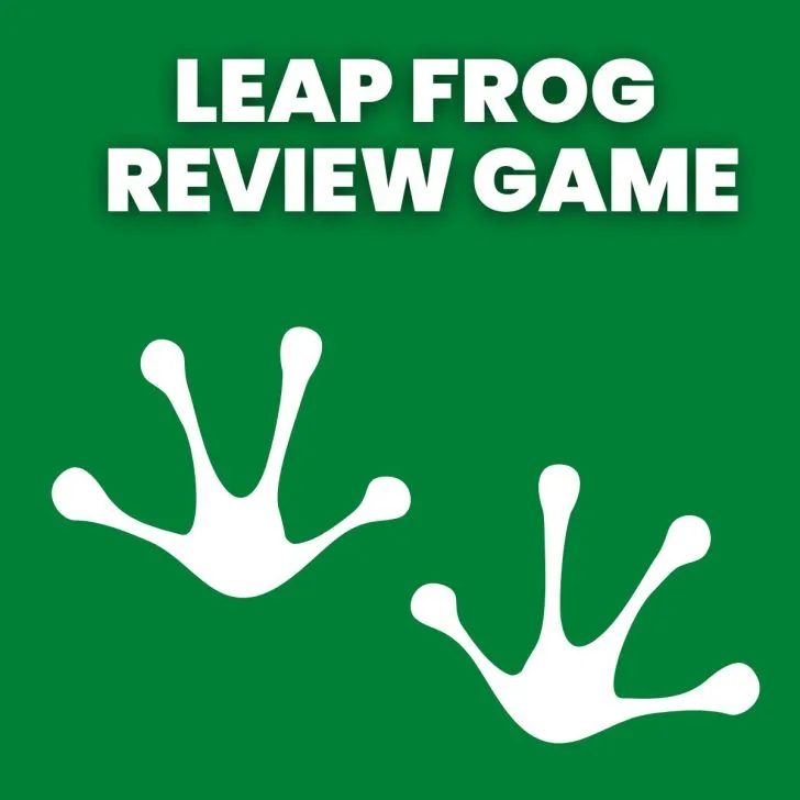two frog footprints with "leap frog review game" text 