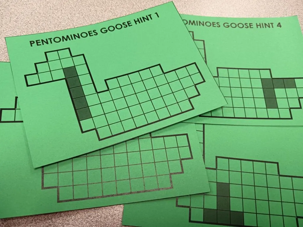 green hint cards for pentominoes goose puzzle 