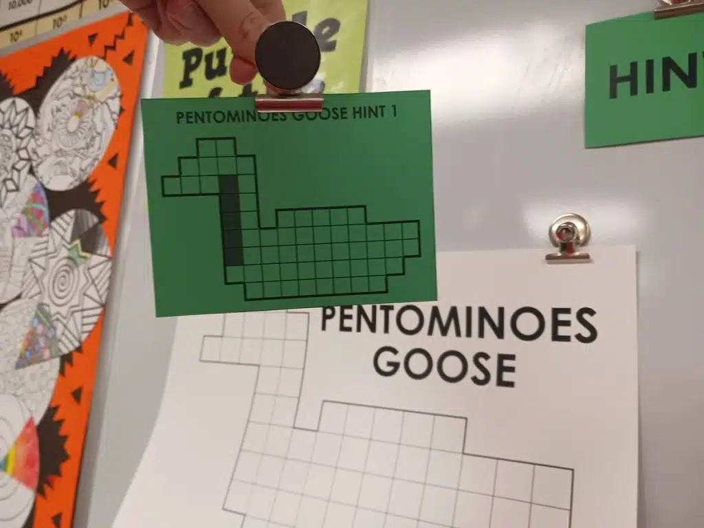 close-up of pentominoes goose hint card 