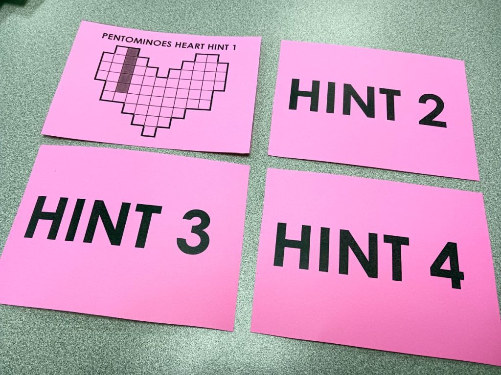 hint cards for pentominoes heart puzzle. 