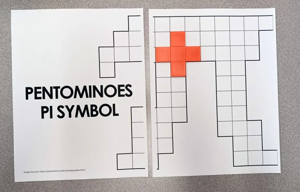 penotminoes pi symbol puzzle on letter sized paper