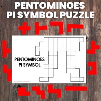 pentominoes pi symbol puzzle with red pentominoes pieces around puzzle. 