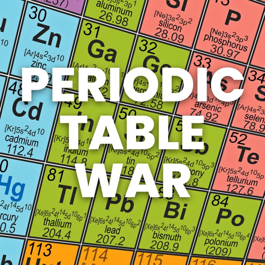 colorful periodic table close-up with text of "periodic table war" 