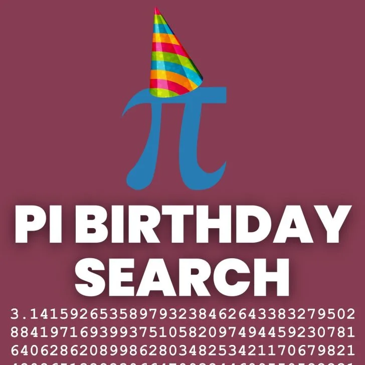 pi symbol wearing a striped birthday hat with text "pi birthday search" and digits of pi at bottom of image