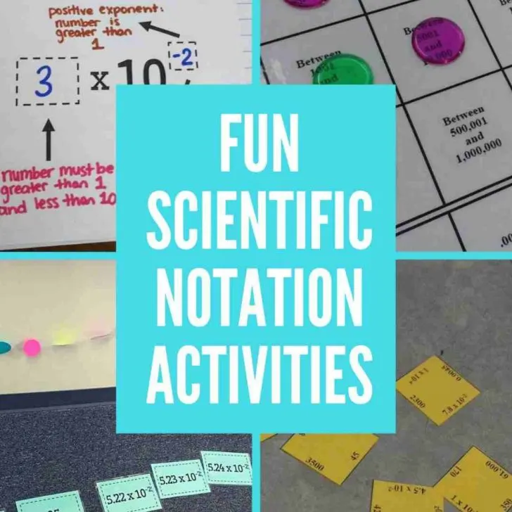collage of photos of scientific notation activities with text "fun scientific notation activities" 