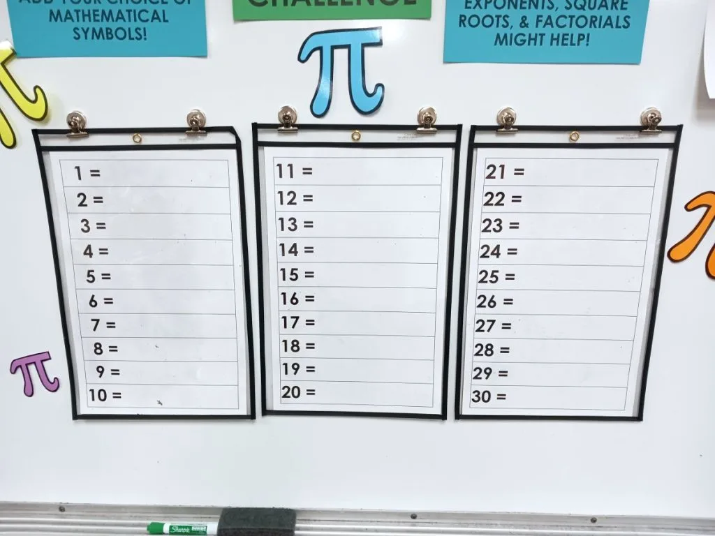 dry erase pockets with spaces for students to write their solutions to the 3-1-4 pi day challenge 