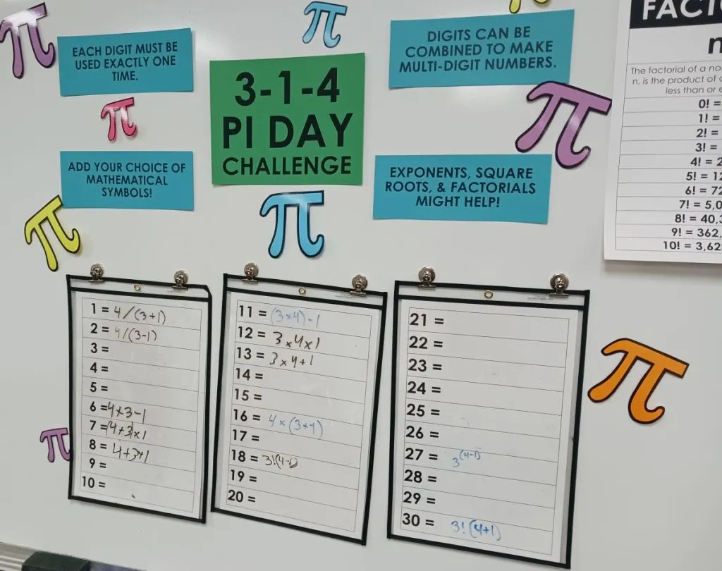 3-1-4 Pi Day Number Challenge on dry erase board