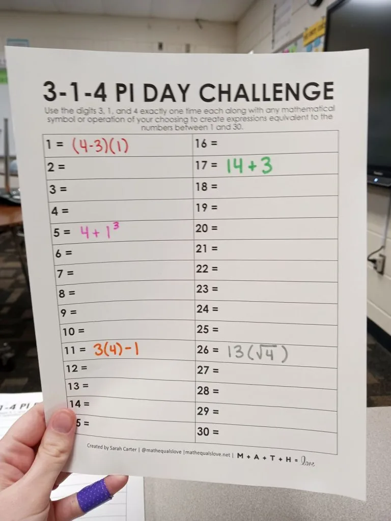 several answers filled in on 3-1-4 pi day challenge paper 