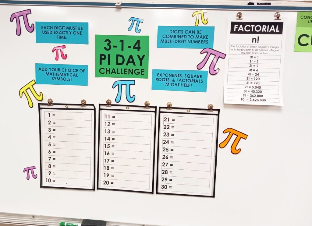 3-1-4 pi day challenge set up in math classroom with factorial poster next to it. 