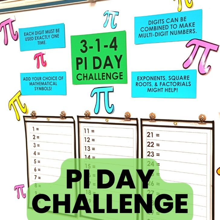 pi day number challenge hanging on dry erase board in math classroom 