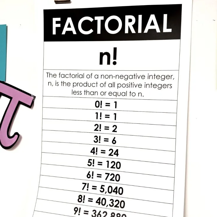 factorials poster hang on dry erase board in math classroom 