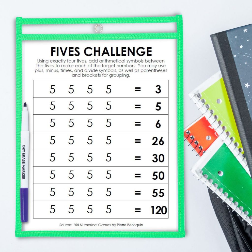 fives challenge activity in dry erase pocket 