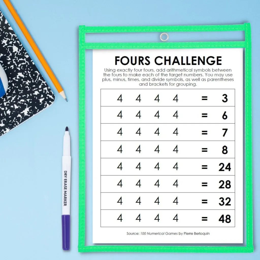 fours challenge puzzle in dry erase pocket 