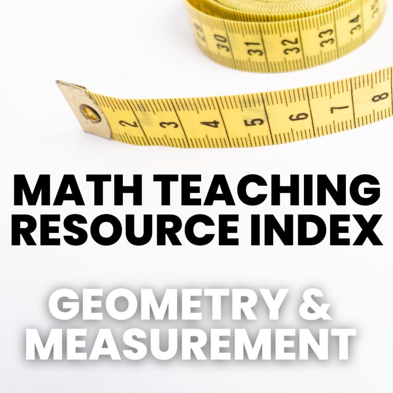 yellow fabric measuring tape with text "math teaching resource index: geometry & measurement" 