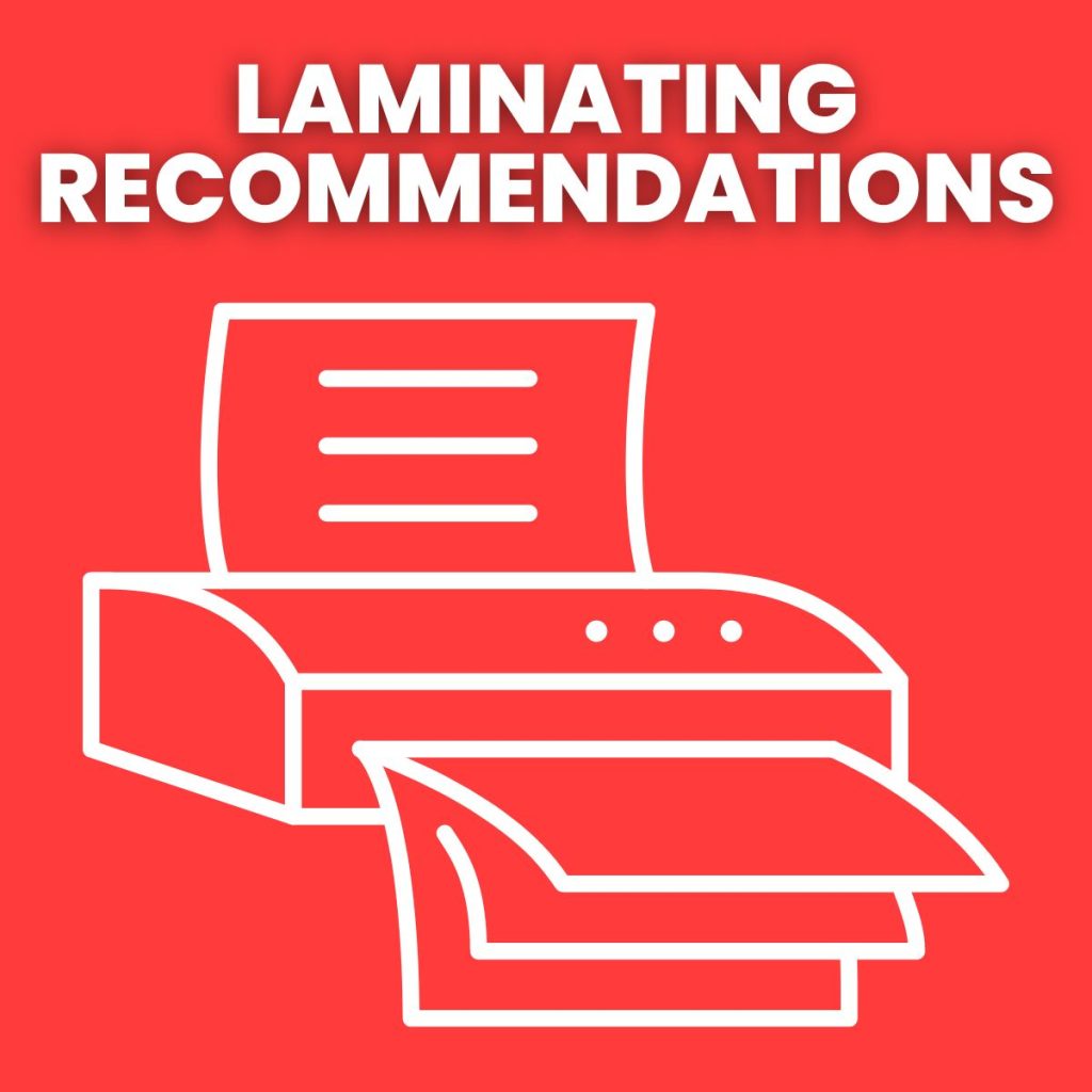 drawing of laminator machine with text "laminating recommendations"
