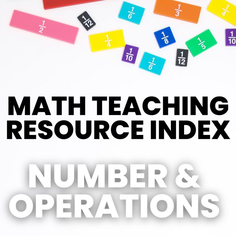 fraction tiles scattered on desk with text "math teaching resource Index: number & operations" 